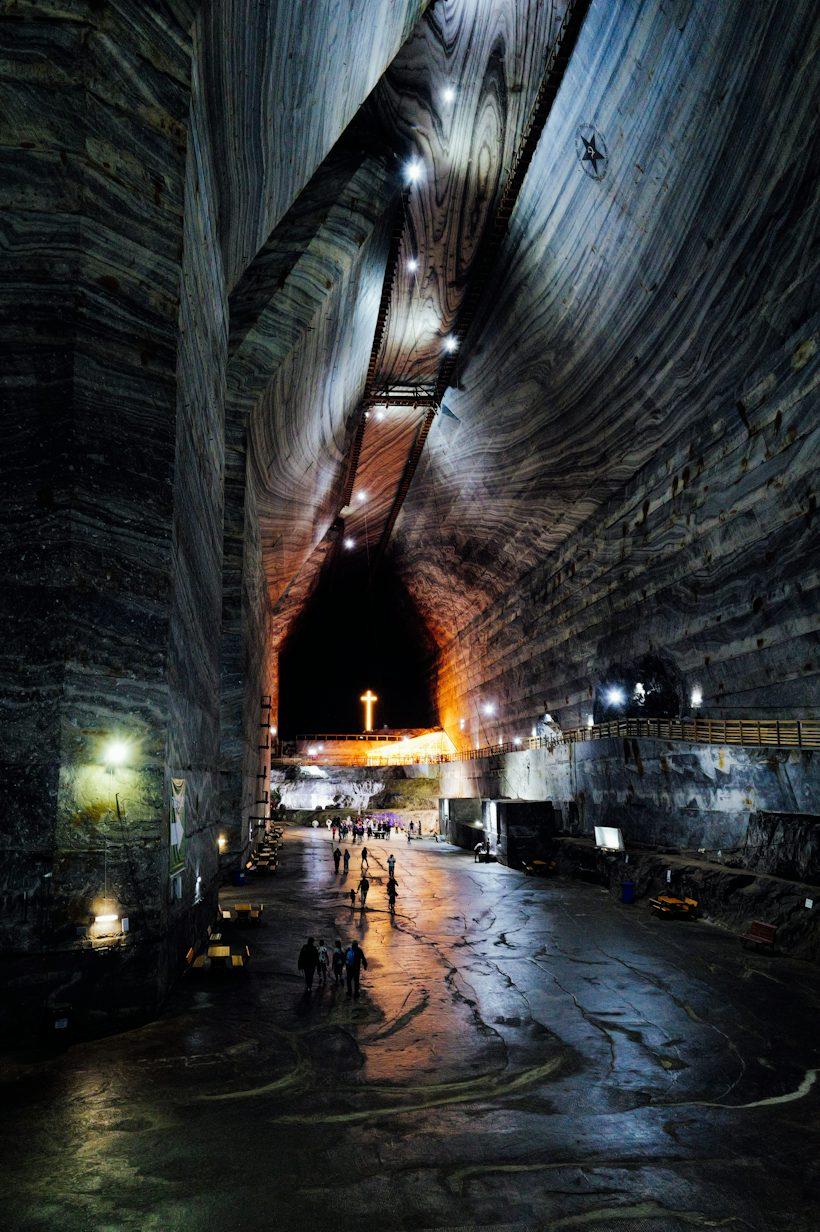 Inside a rock salt mine with striped salt walls